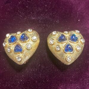 Vintage Gold and Blue Heart Earrings